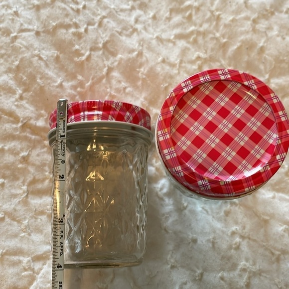 Ball quilted crystal canning jars with decorative pink plaid lids. - Picture 5 of 10